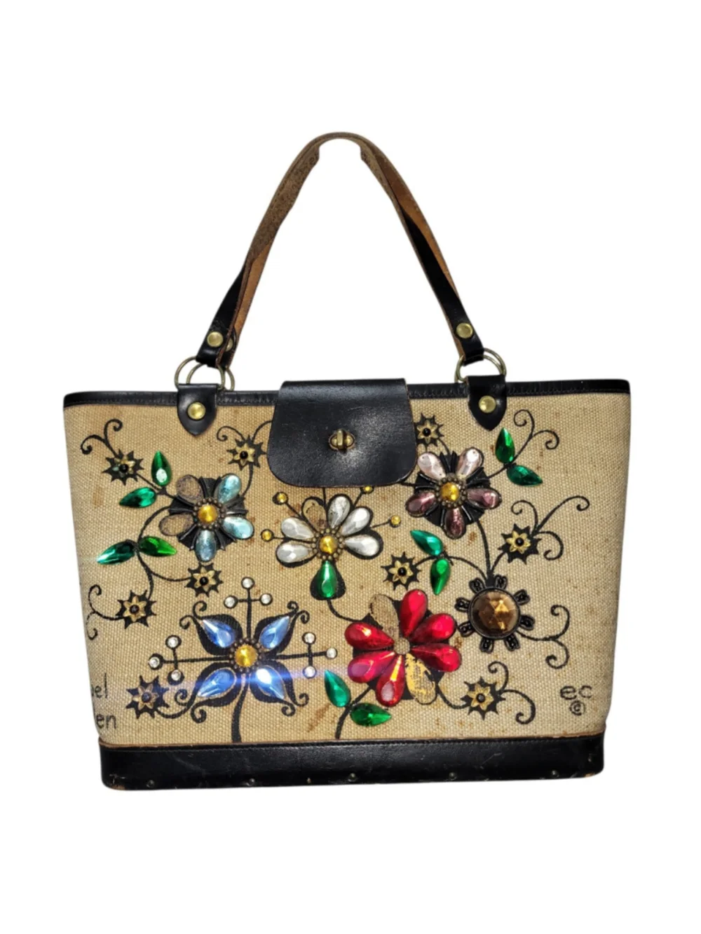 Collins of Texas Jewel Garden Tan Canvas Leather Trim Tote Purse Enid Collins